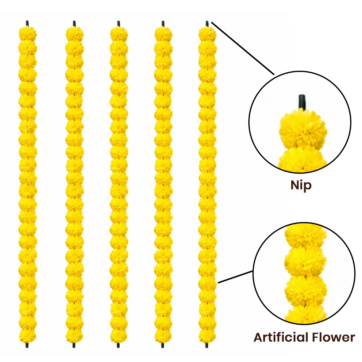 Artificial Marigold Flower Garlands for Decoration - 130cm Pack of 5, Decorative Floral Strings for Diwali, Wedding, Festival, and Home Door Hanging Decor (Yellow)