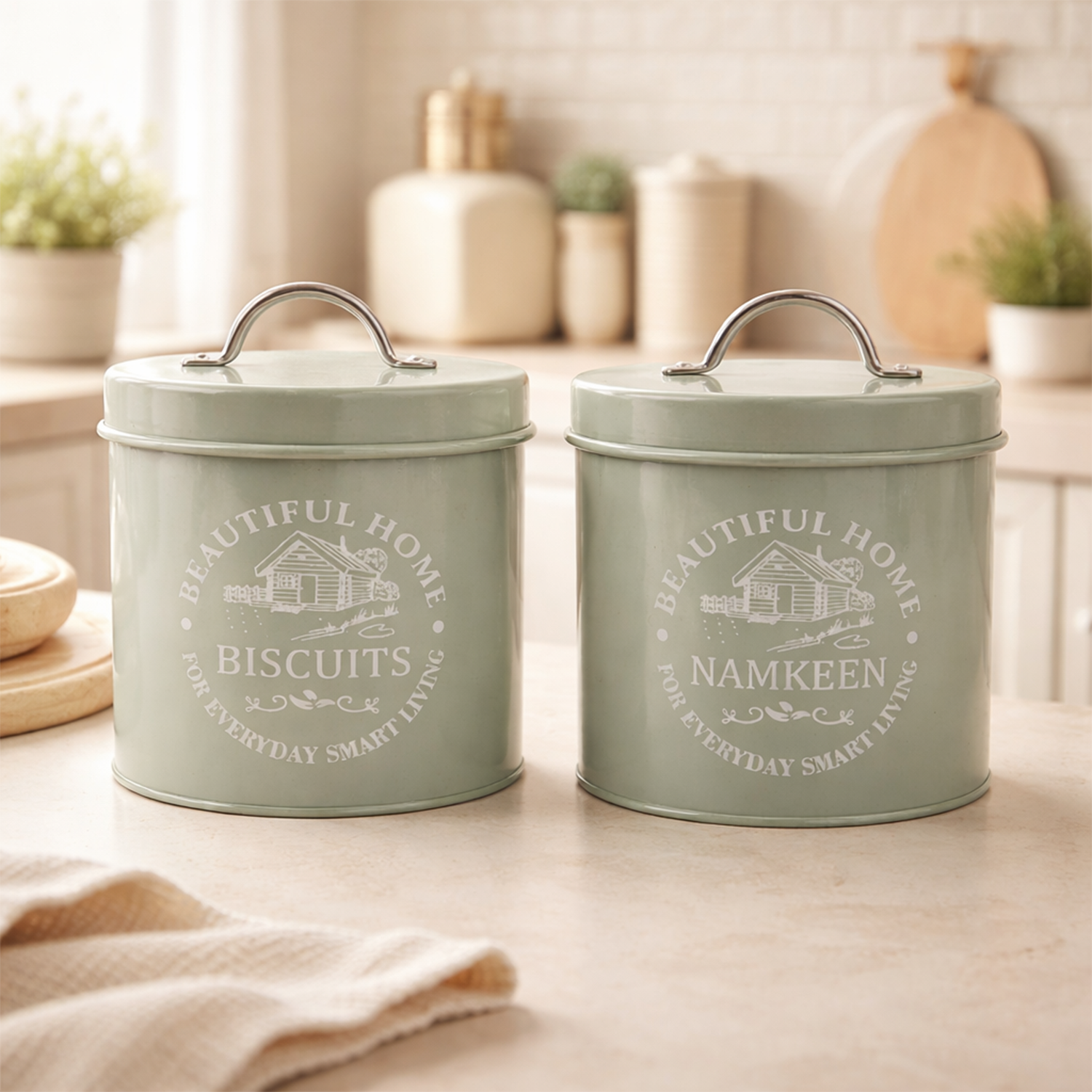 Biscuit and Namkeen Canister Set of 2 - Large Metal Snack Storage Jars with Airtight Lids & Handles