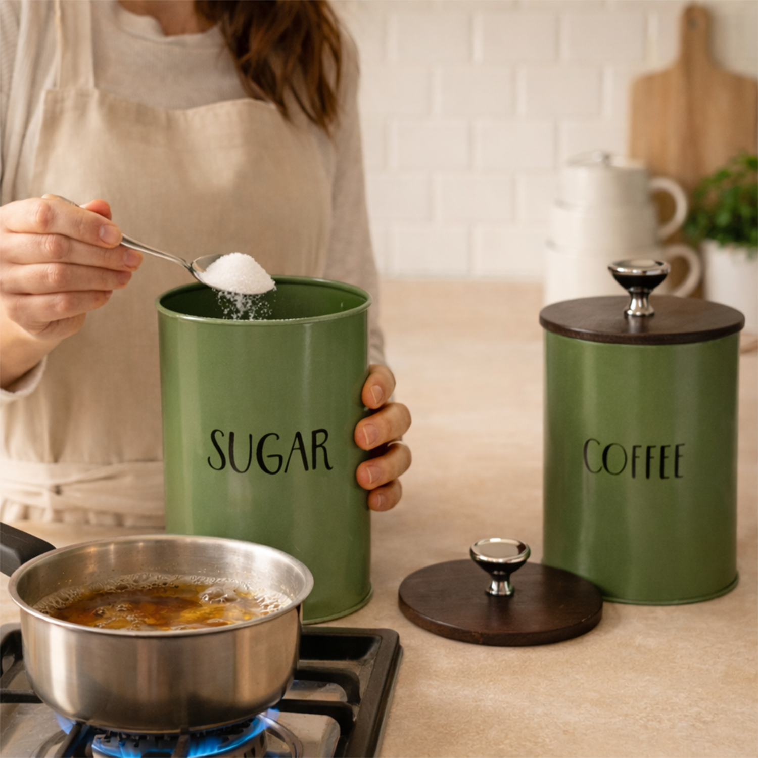 Sugar & Coffee Container Jar With Air Tight Wooden Lids (Green)