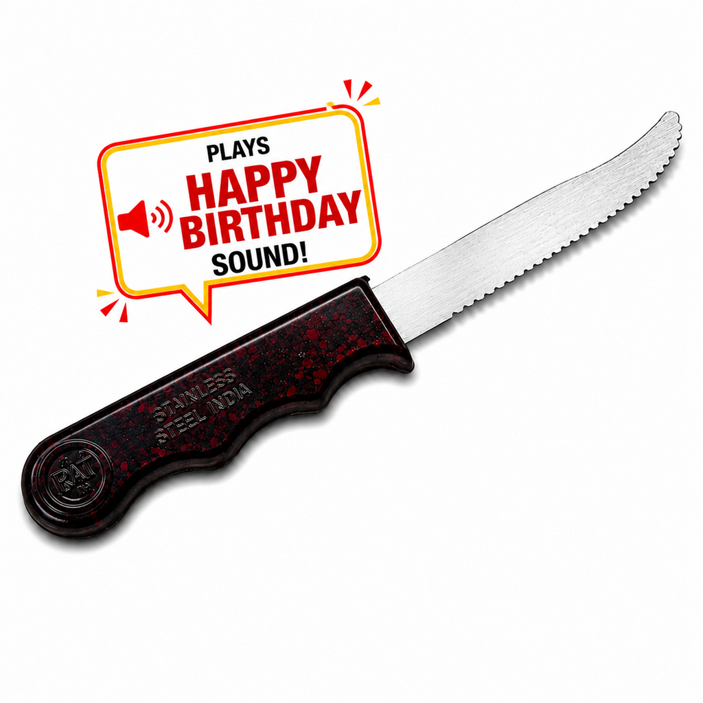 6-Inch Musical Birthday Cake Knife - Serrated Dessert Knife with Rounded Tip, Plays Happy Birthday Sound, Comfort Handle for Cakes, Pastries, and Parties