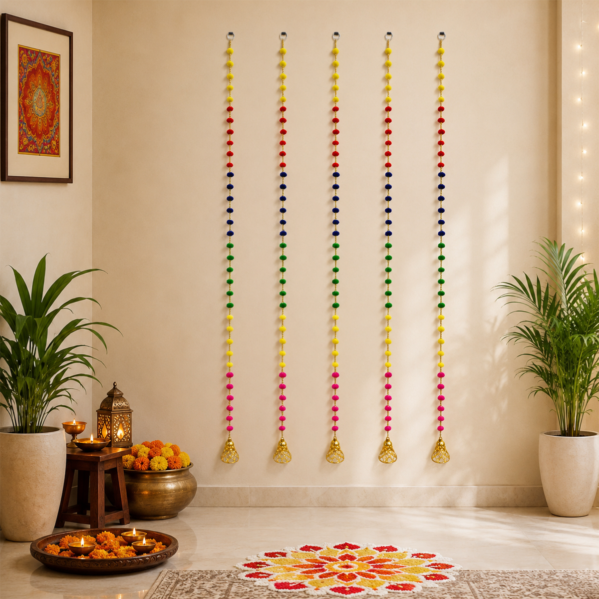 Multicolor Pom Pom Hanging Decor for Door & Entrance – Decorative Festive Strings with Bells for Diwali, Wedding, and Home Decoration, 132 cm