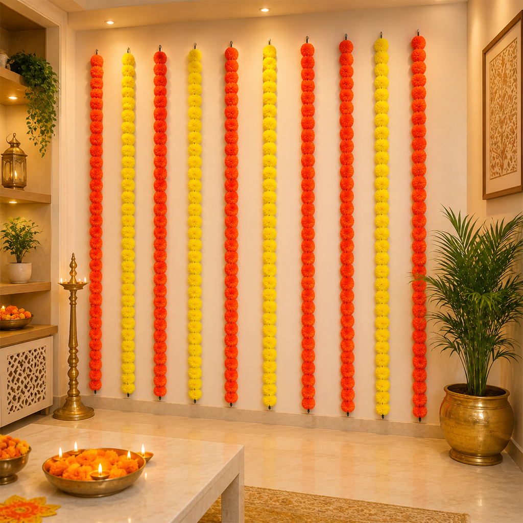 Artificial Marigold Flower Garlands for Decoration - 140cm Hanging Strings for Diwali, Wedding, Mandir, and Festive Home Decor (Yellow & Orange, Pack of 10)