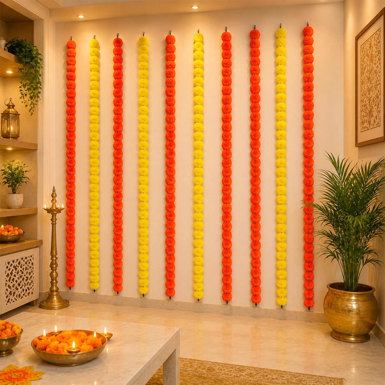 Artificial Marigold Flower Garlands for Decoration - 140cm Hanging Strings for Diwali, Wedding, Mandir, and Festive Home Decor (Yellow & Orange, Pack of 10)