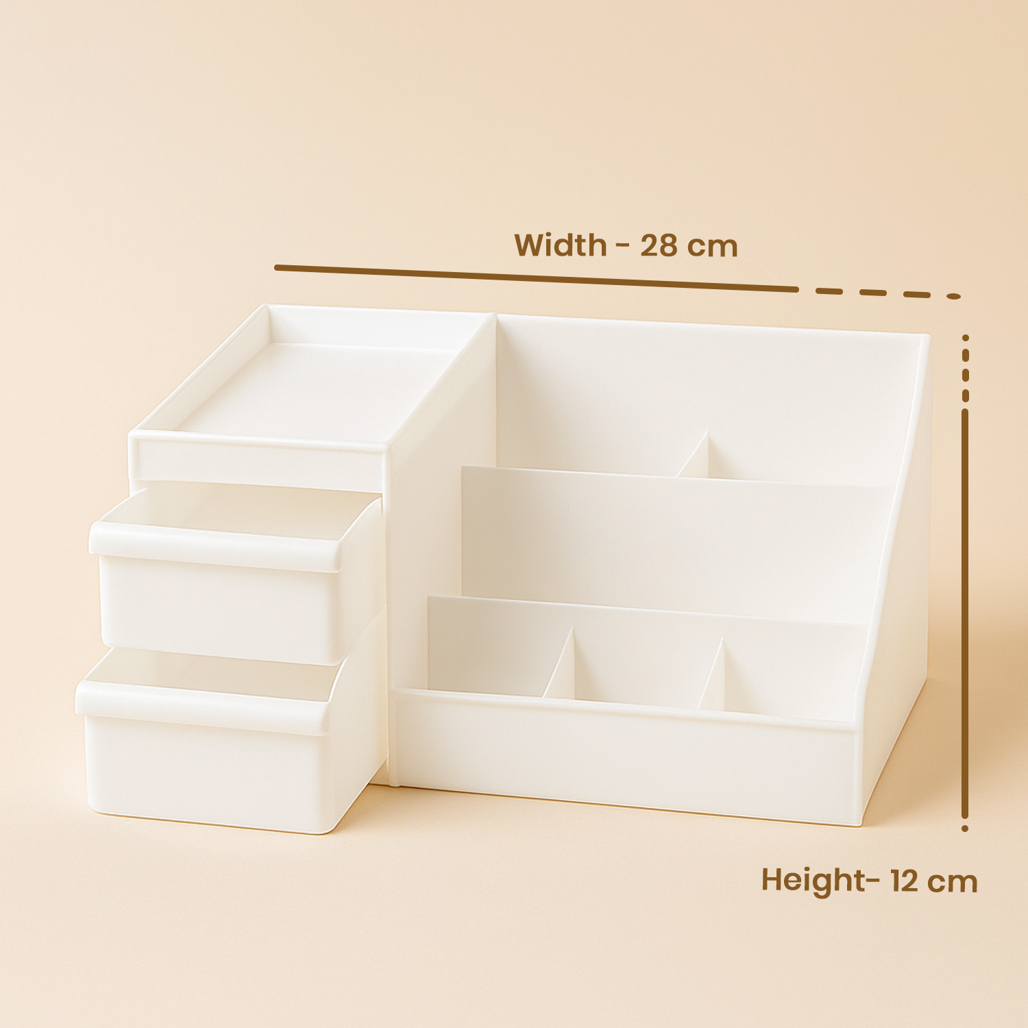 Multi-Purpose Desk Organizer with 2 Drawers and Compartments – Plastic Stationery Storage Box, Makeup & Cosmetic Vanity Case, Remote Control Holder for Home and Office (28cm x 12cm, White) 4