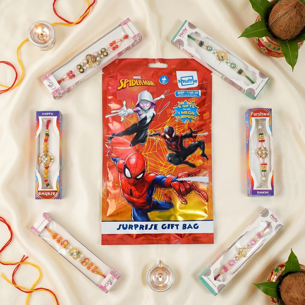 Premium Rakhi Combo Set for Kids – Spiderman Surprise Gift Bag with 5 Designer Rakhi