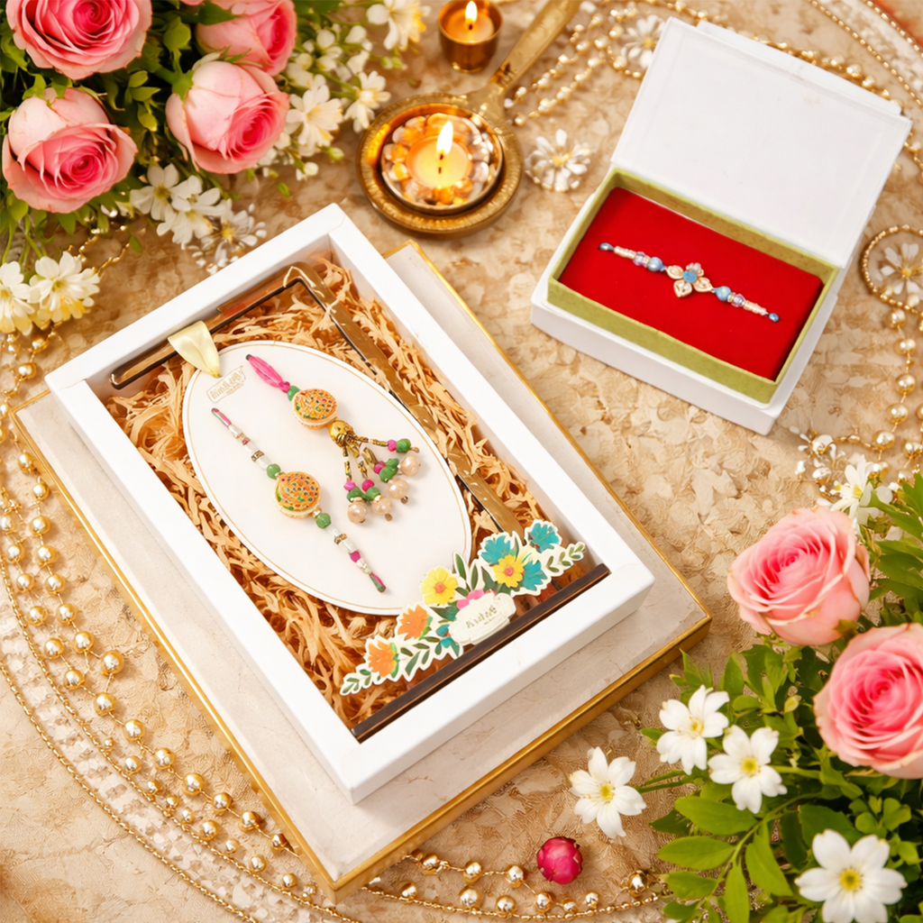 Luxury Rakhi Combo Set with Bhaiya Bhabhi Rakhi, Festive Surprise Gift Box, Multicolour