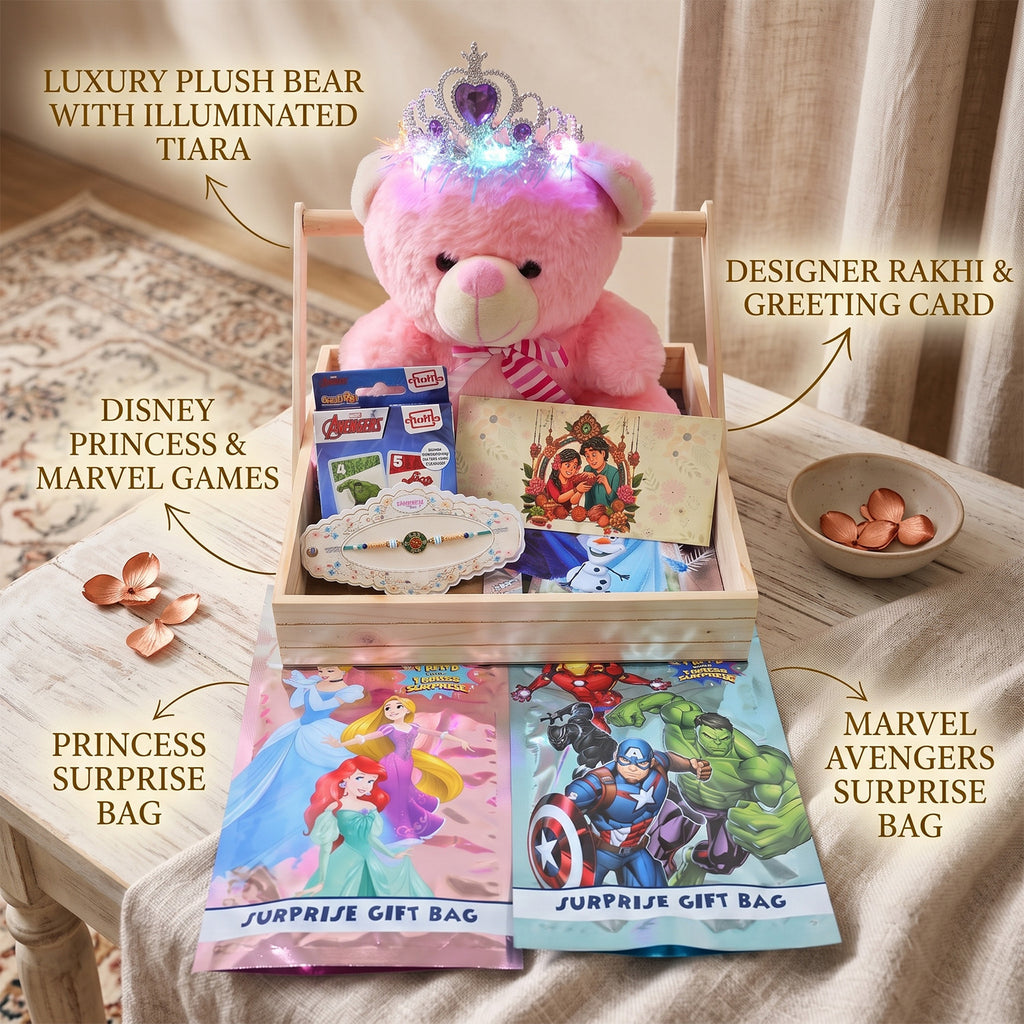 Luxury Raksha Bandhan Gift Hamper for Sister with Illuminated Tiara Teddy Bear & Designer Rakhi
