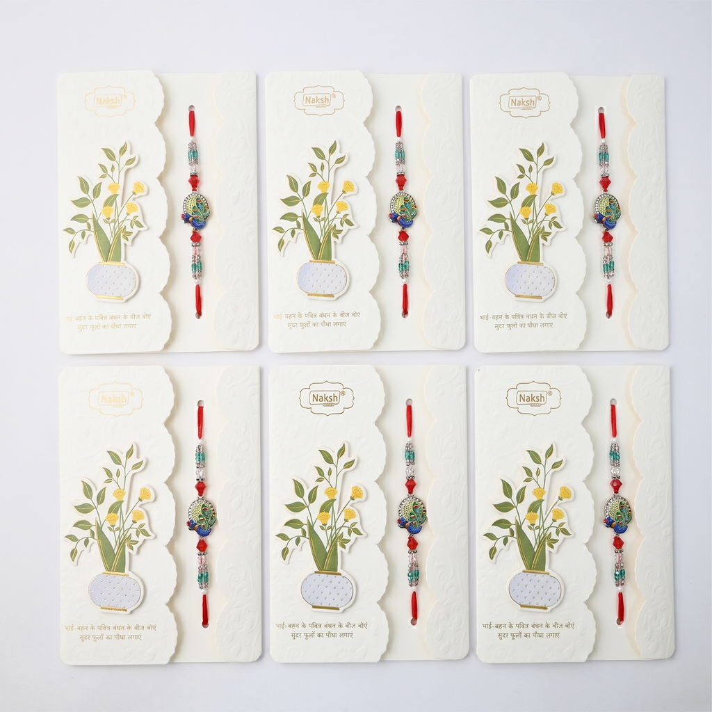 White Stone and Pearl Floral Rakhi (Pack of 6) - Stylish Flower Centerpiece Rakhi Set for Brothers
