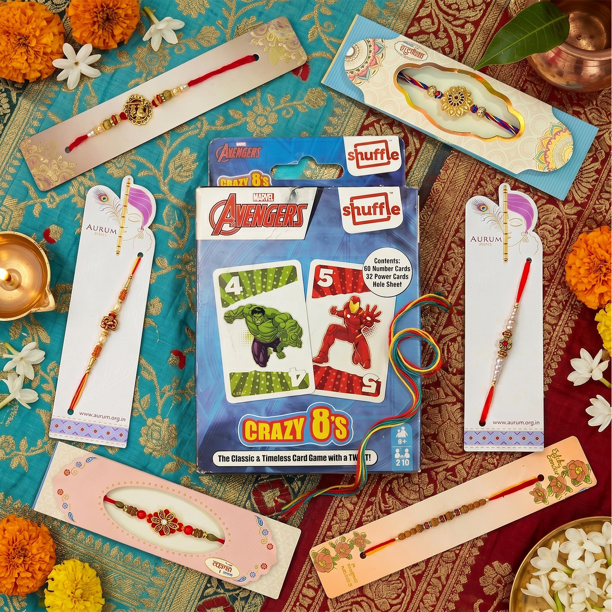 Premium Rakhi Gift Set Avengers Shuffle Card Game & 6 Assorted Designer Rakhi