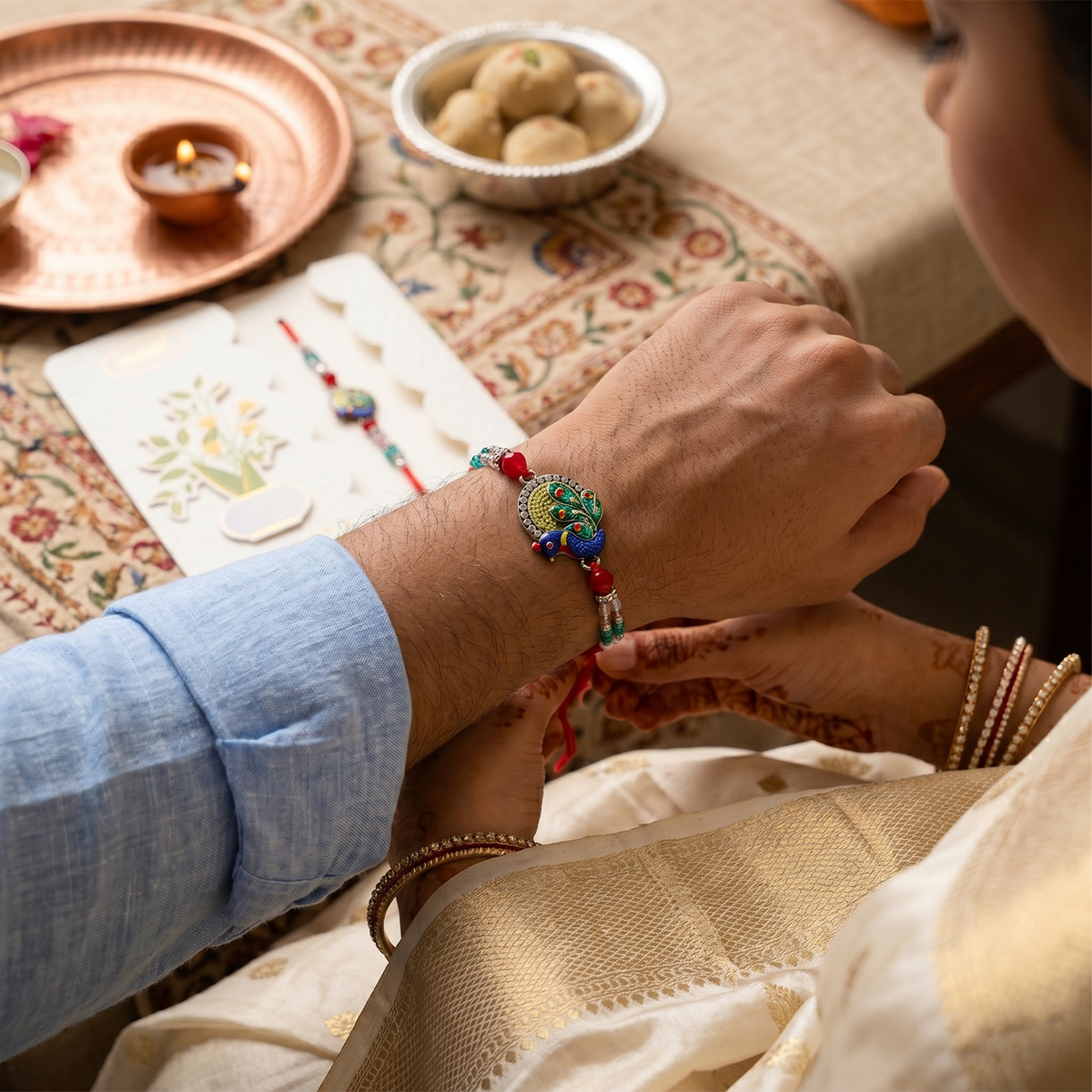 White Stone and Pearl Floral Rakhi (Pack of 6) - Stylish Flower Centerpiece Rakhi Set for Brothers