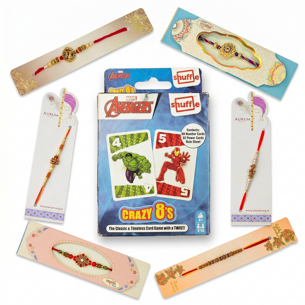 Premium Rakhi Gift Set Avengers Shuffle Card Game & 6 Assorted Designer Rakhi