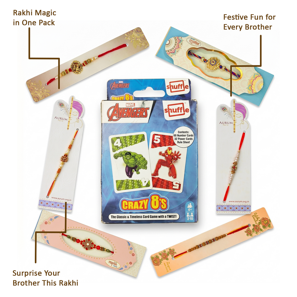 Premium Rakhi Gift Set Avengers Shuffle Card Game & 6 Assorted Designer Rakhi