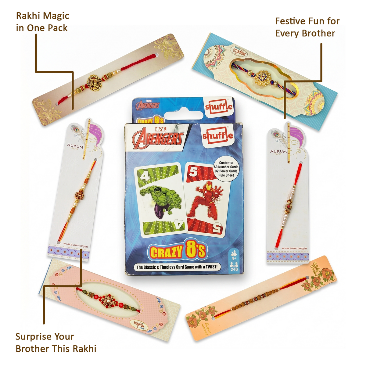 Premium Rakhi Gift Set Avengers Shuffle Card Game & 6 Assorted Designer Rakhi
