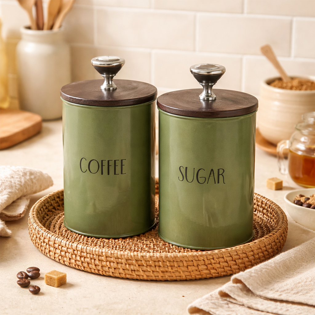 Sugar & Coffee Container Jar With Air Tight Wooden Lids (Green)