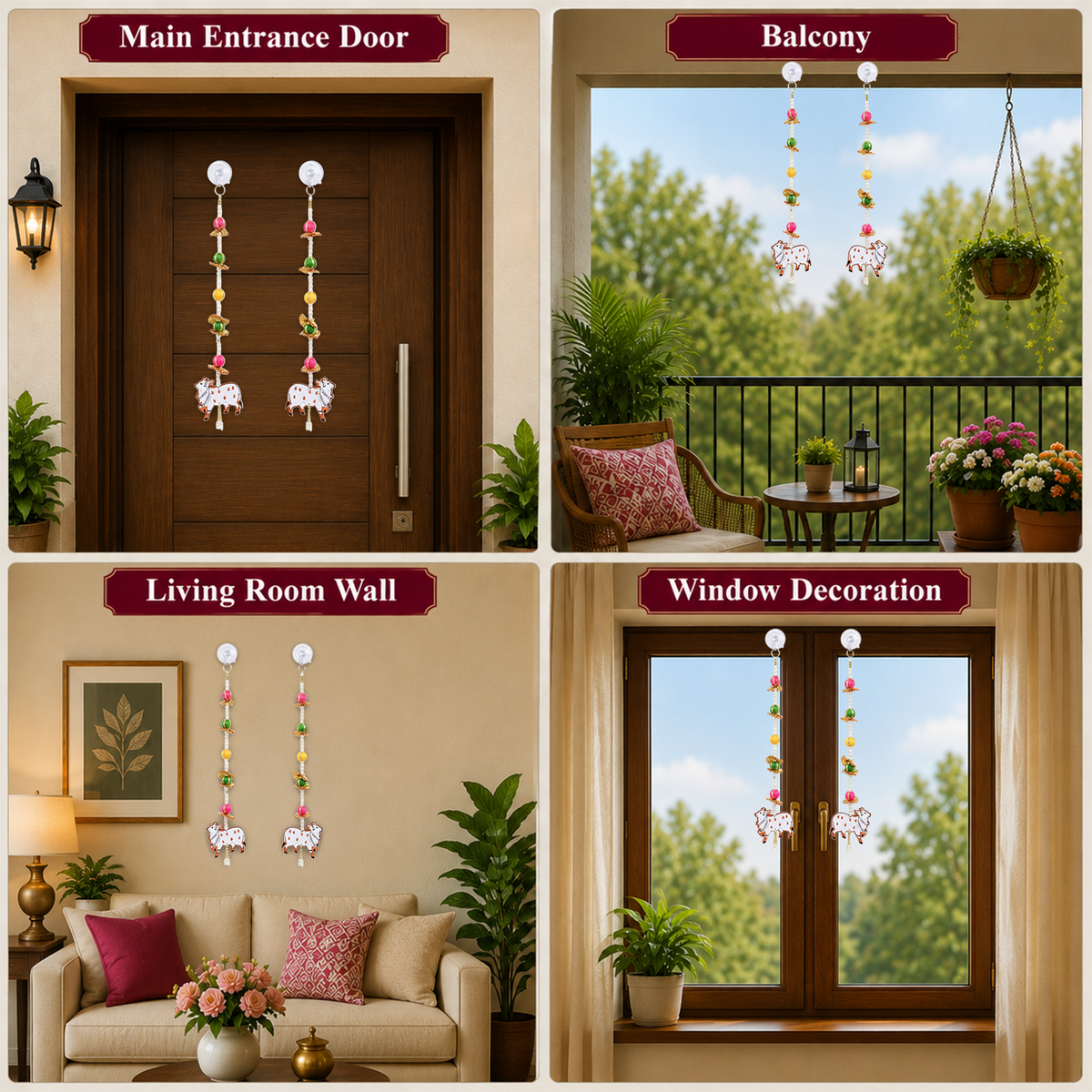 Decorative Cow Design Wall Hanging for Home Decor, 50 cm Traditional Toran for Main Entrance Door, Living Room, Pooja Mandir, and Festive Decoration (Set of 2)