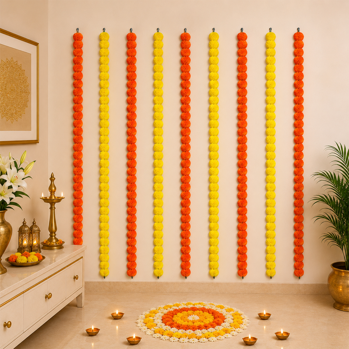 Artificial Marigold Flower Garlands for Decoration - 140cm Hanging Strings for Diwali, Wedding, Mandir, and Festive Home Decor (Yellow & Orange, Pack of 10)