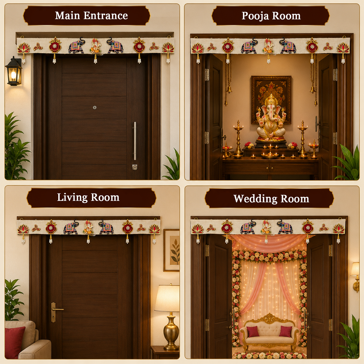 Decorative Door Toran for Entrance – Handcrafted Bandhanwar with Lord Ganesha, Elephant & Lotus Motifs, Toran for Diwali, Pooja Room, Wedding & Home Decor (100 cm)