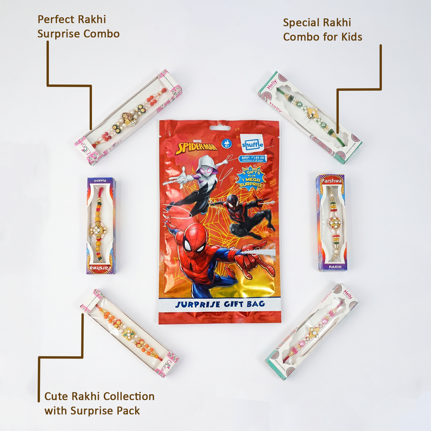 Premium Rakhi Combo Set for Kids – Spiderman Surprise Gift Bag with 5 Designer Rakhi