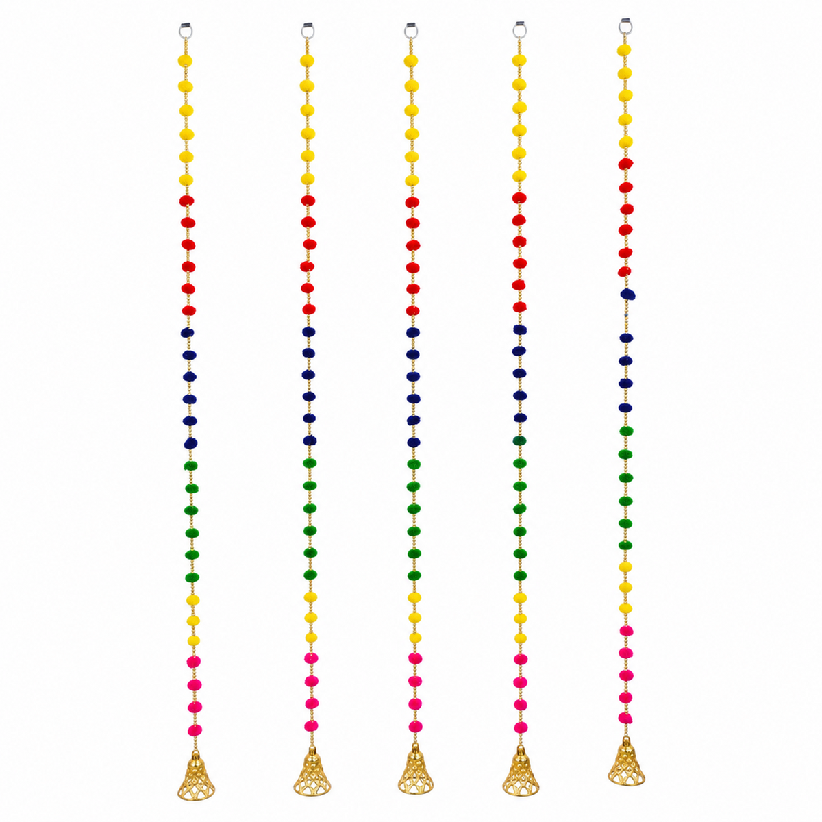 Multicolor Pom Pom Hanging Decor for Door & Entrance – Decorative Festive Strings with Bells for Diwali, Wedding, and Home Decoration, 132 cm
