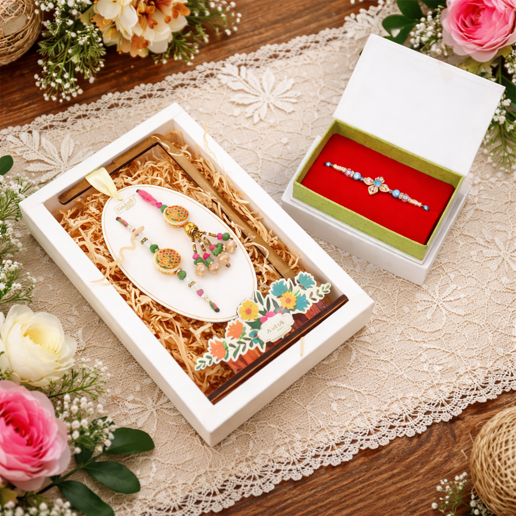 Luxury Rakhi Combo Set with Bhaiya Bhabhi Rakhi, Festive Surprise Gift Box, Multicolour