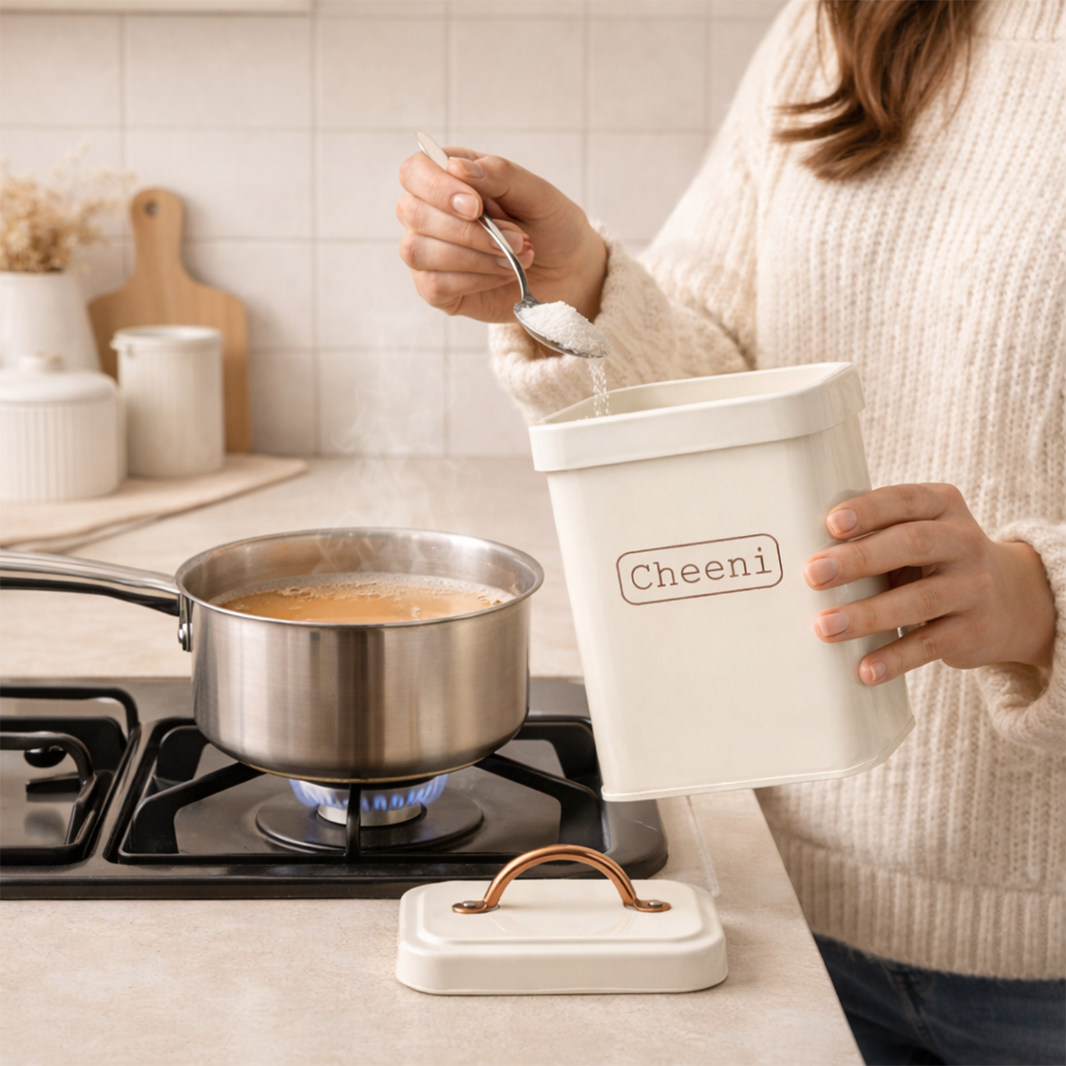 Cheeni Sugar Container Jar – Airtight Metal Kitchen Canister with Copper Handle – 1100ml