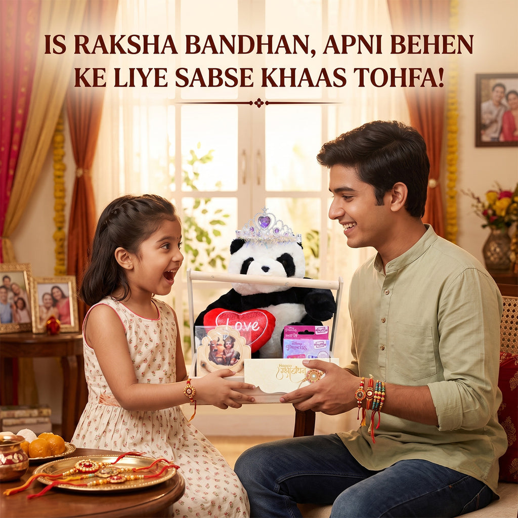 Luxurious Raksha Bandhan Gift Hamper for Sister with Panda Soft Toy, Krishna Rakhi & Surprise Goodies