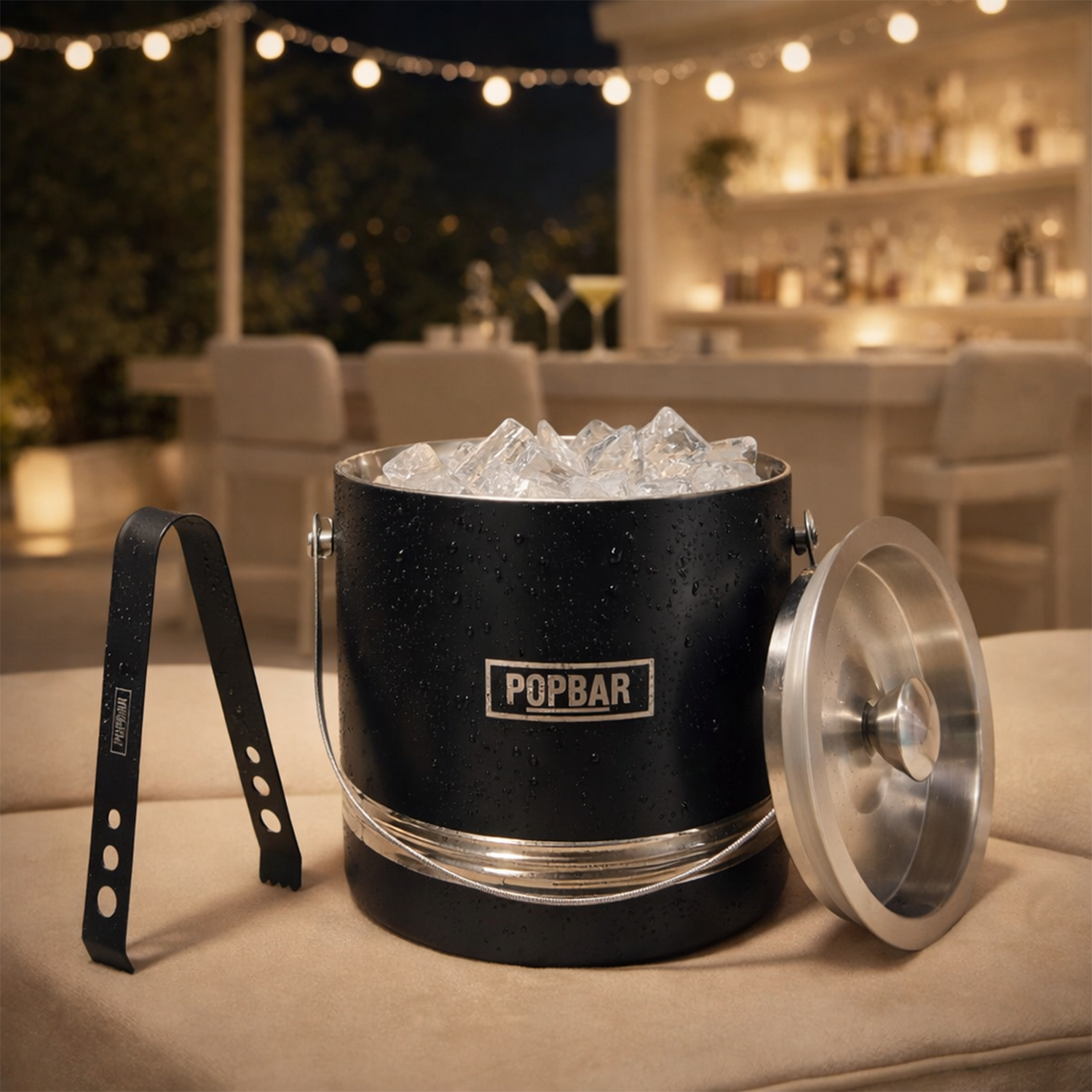 POPBAR Professional Matte Black Ice Bucket – Insulated 16.5cm Stainless Steel Pail with Airtight Lid & Tongs 1