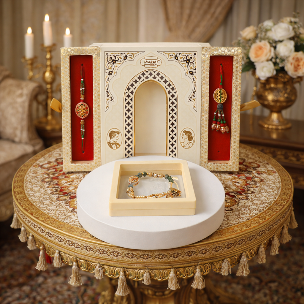 Premium Designer Rakhi Set for Brother and Bhabhi with Elegant Festive Gift Box – Handmade Luxury Pearl and Stone Beads Rakhi Combo for Raksha Bandhan