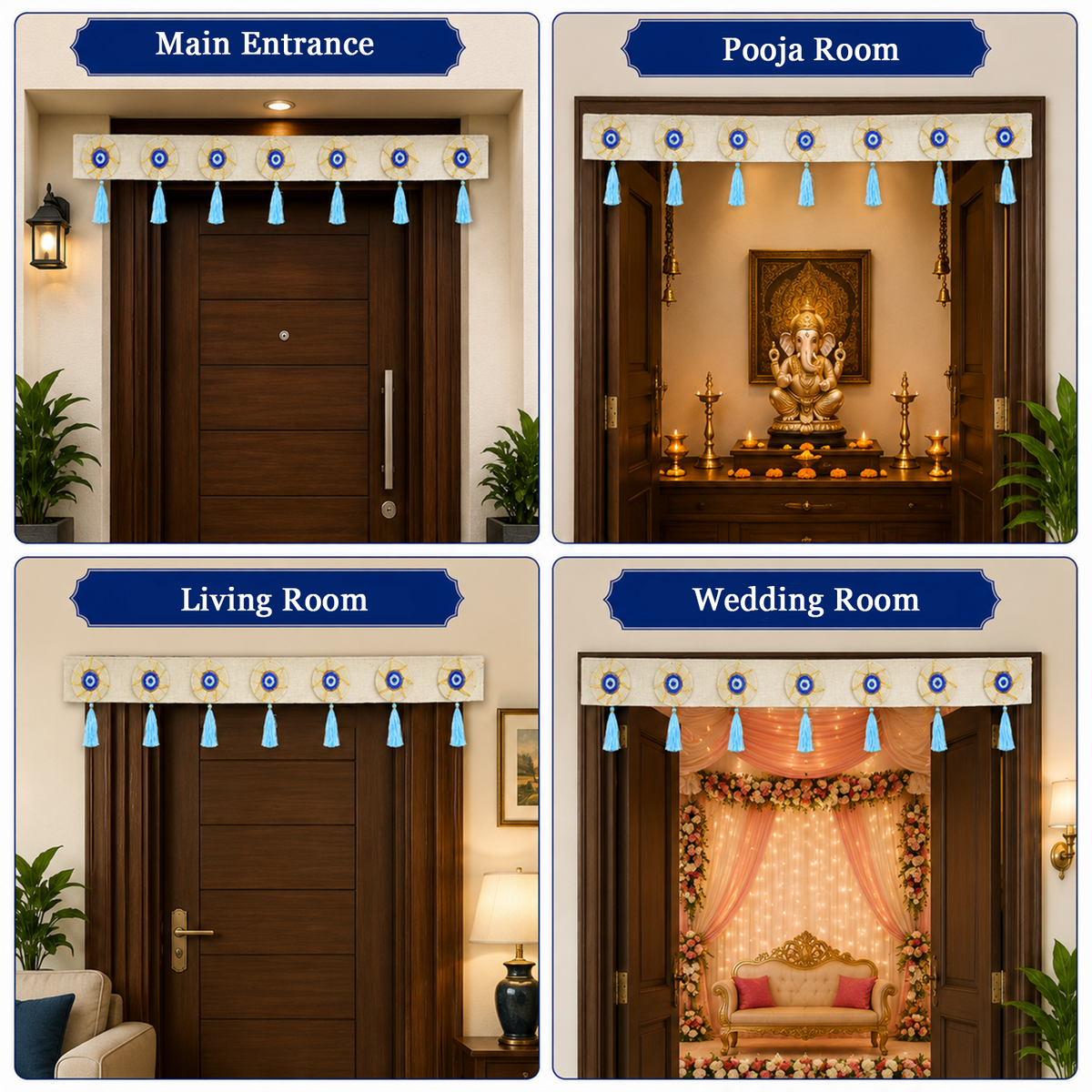 Evil Eye Bandhanwar Door Hanging – 100 cm Reusable Decorative Toran with Protective Eye Design & Blue Tassels, Handcrafted Traditional Valance for Main Entrance, Housewarming & Gift