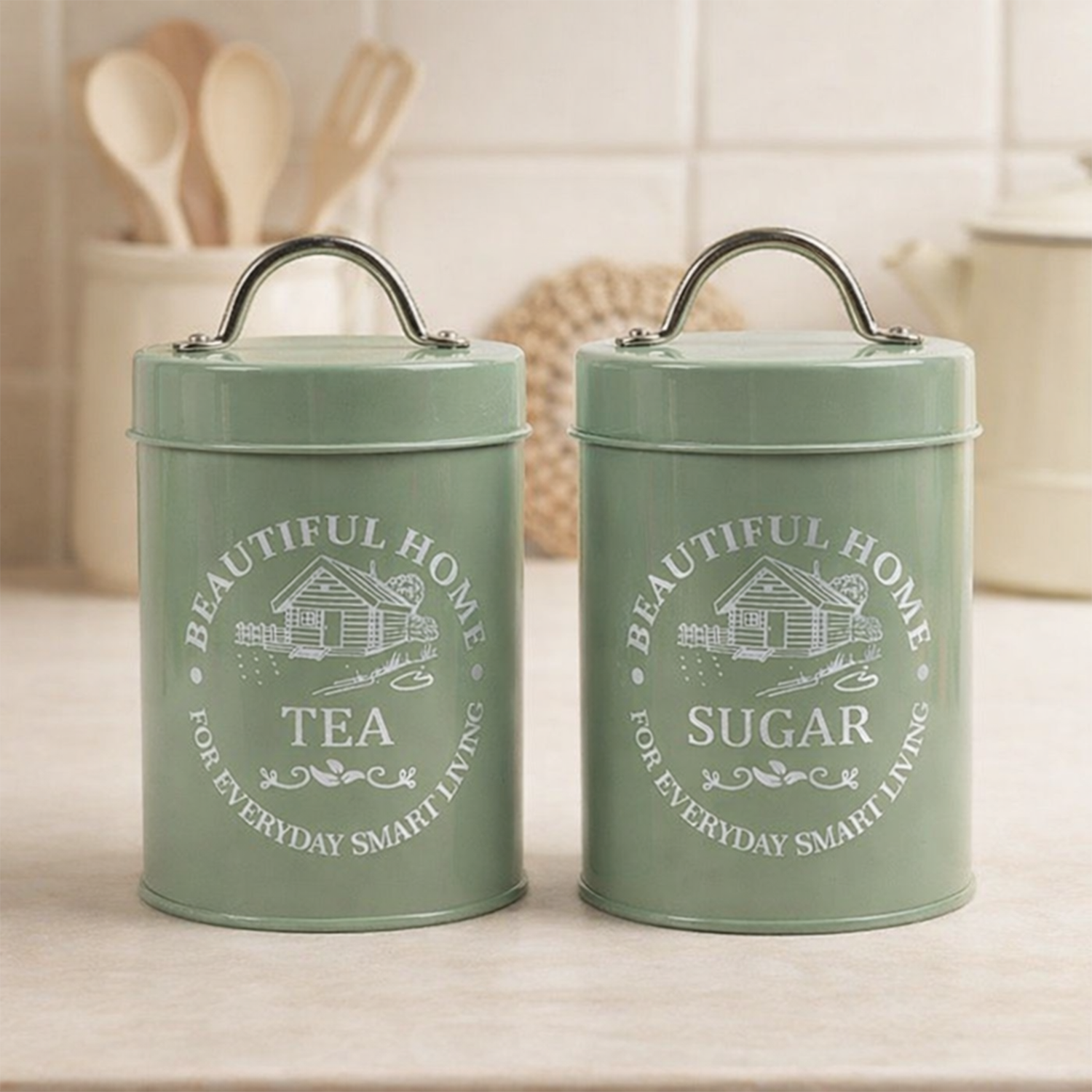 Tea and Sugar Canister Set of 2 - Vintage Metal Kitchen Storage Jars with Airtight Lids & Handles - Retro Farmhouse Tea Coffee Sugar Container Set for Kitchen Countertop Decor