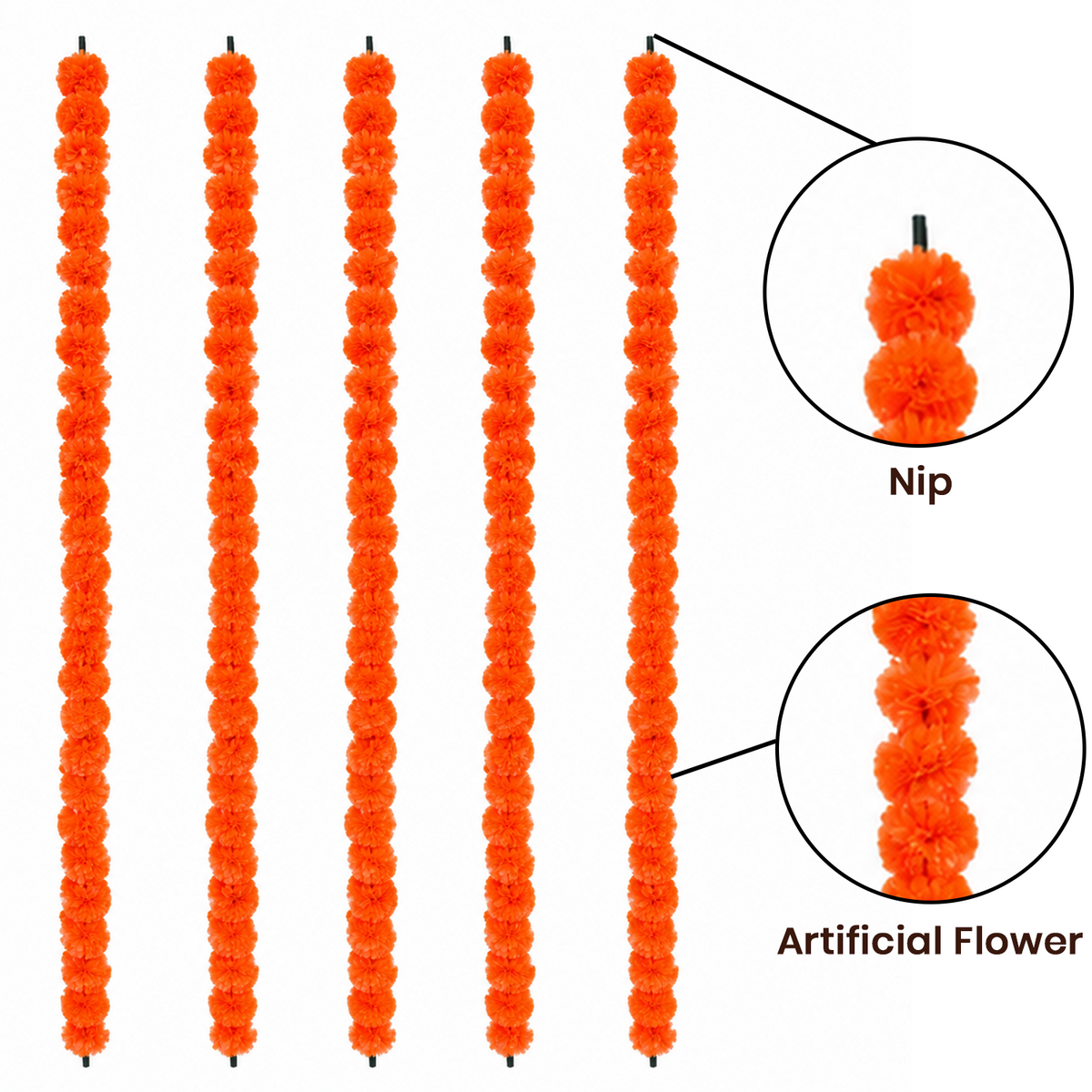 Artificial Marigold Flower Garlands for Decoration - 140cm Pack of 5, Decorative Floral Strings for Diwali, Wedding, Festival, and Home Door Hanging Decor (Orange)