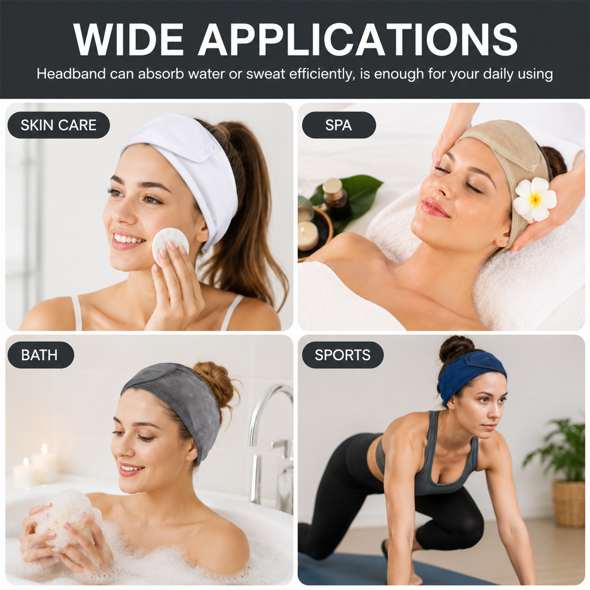 Spa Headband for Skincare – Set of 3 Adjustable Microfiber Headbands for Washing Face, Shower, Makeup, and Sports – Soft, Reusable, and Machine Washable Grey Hair Bands (Grey)