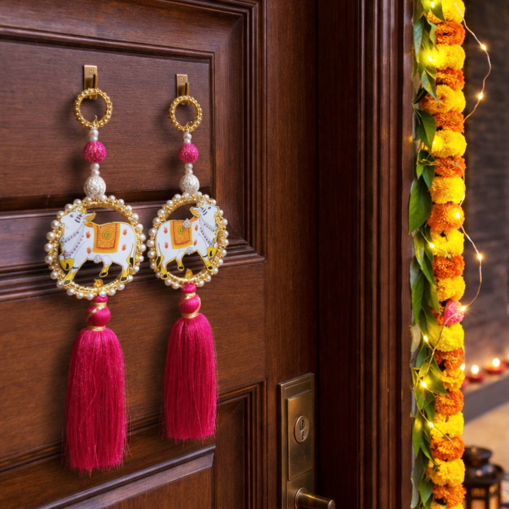 Decorative Hanging Tassels for Home Decor - Traditional Indian Cow Design Wall Hanging for Diwali, Pooja Room, and Festive Party Backdrop, 40cm, Set of 2