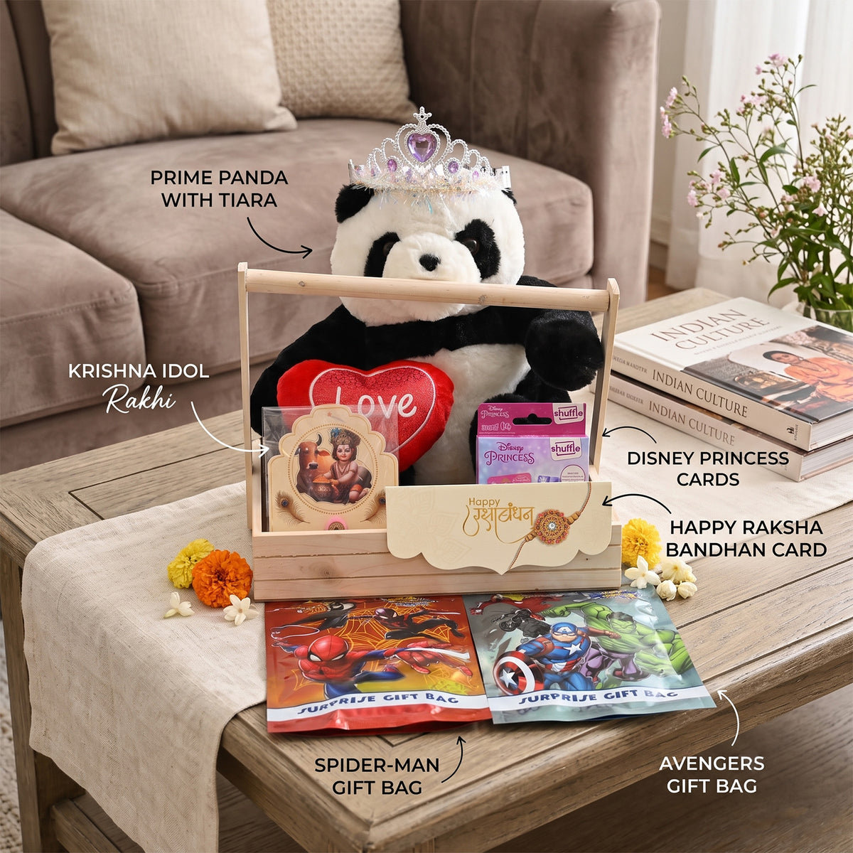 Luxurious Raksha Bandhan Gift Hamper for Sister with Panda Soft Toy, Krishna Rakhi & Surprise Goodies