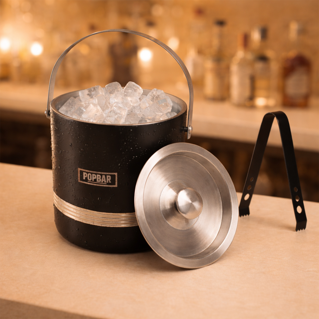 POPBAR Professional Matte Black Ice Bucket – Insulated 16.5cm Stainless Steel Pail with Airtight Lid & Tongs 2