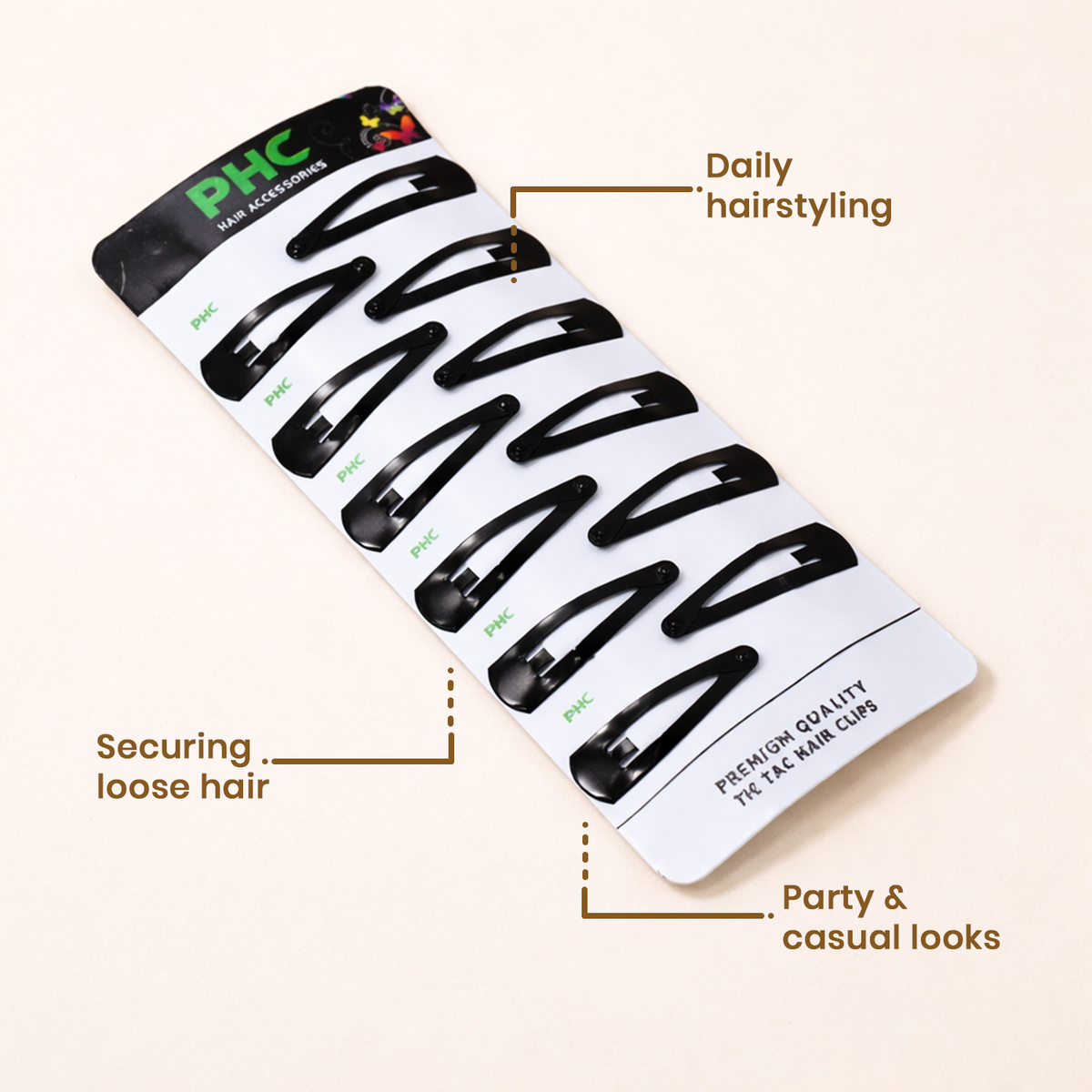Premium Black Metal Tic Tac Hair Clips – 5 cm Snap Barrettes for Women and Girls, Set for Daily Hairstyling, School, College, and Travel, Pack of 10 Cards