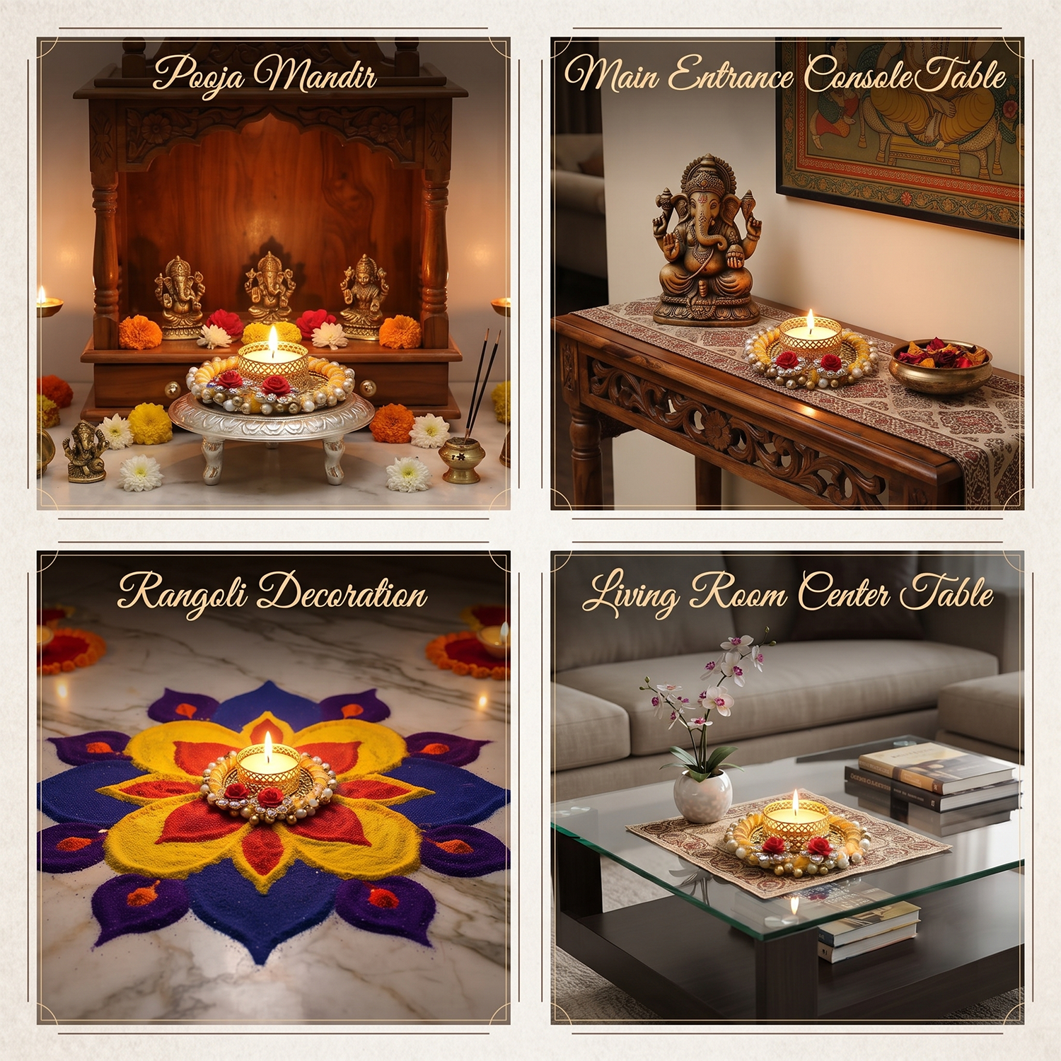 Decorative Tealight Candle Holders - Set of 2, Yellow Thread & Gold Metal Design with Red Roses, Handcrafted Diya for Diwali Decoration, Pooja Mandir, Table Centerpiece