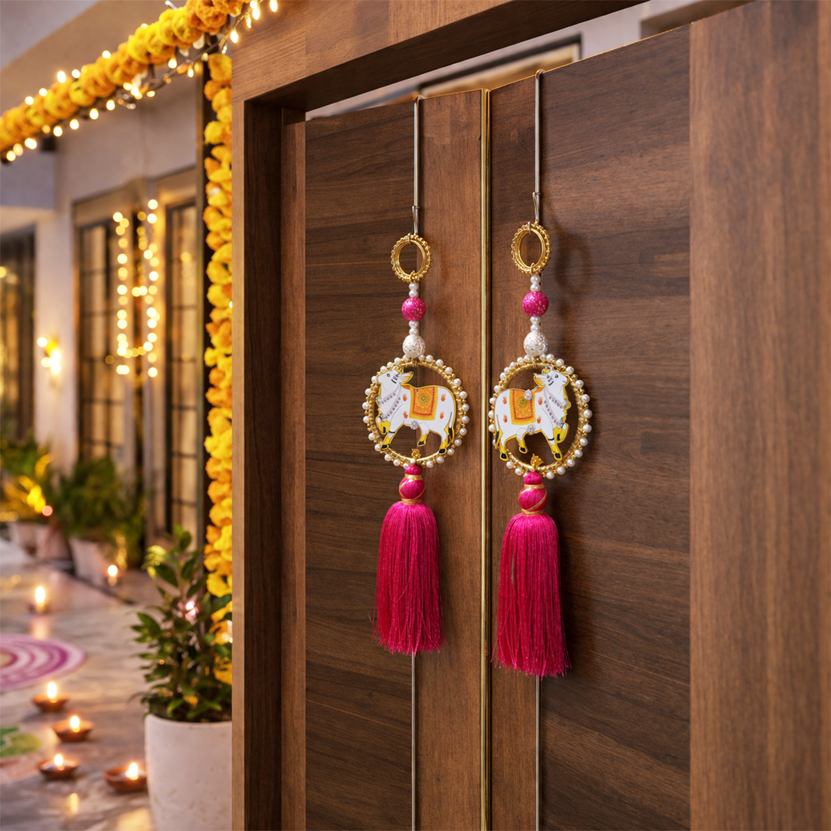 Decorative Hanging Tassels for Home Decor - Traditional Indian Cow Design Wall Hanging for Diwali, Pooja Room, and Festive Party Backdrop, 40cm, Set of 2