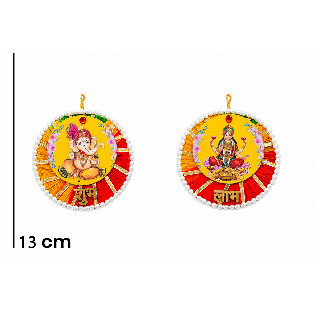 Ethnic Ganesha Lakshmi Door Hanging – 13 cm Reusable Traditional Signage for Entrance, Housewarming & Festive Home Decor, (Set of 2, Multicolour)