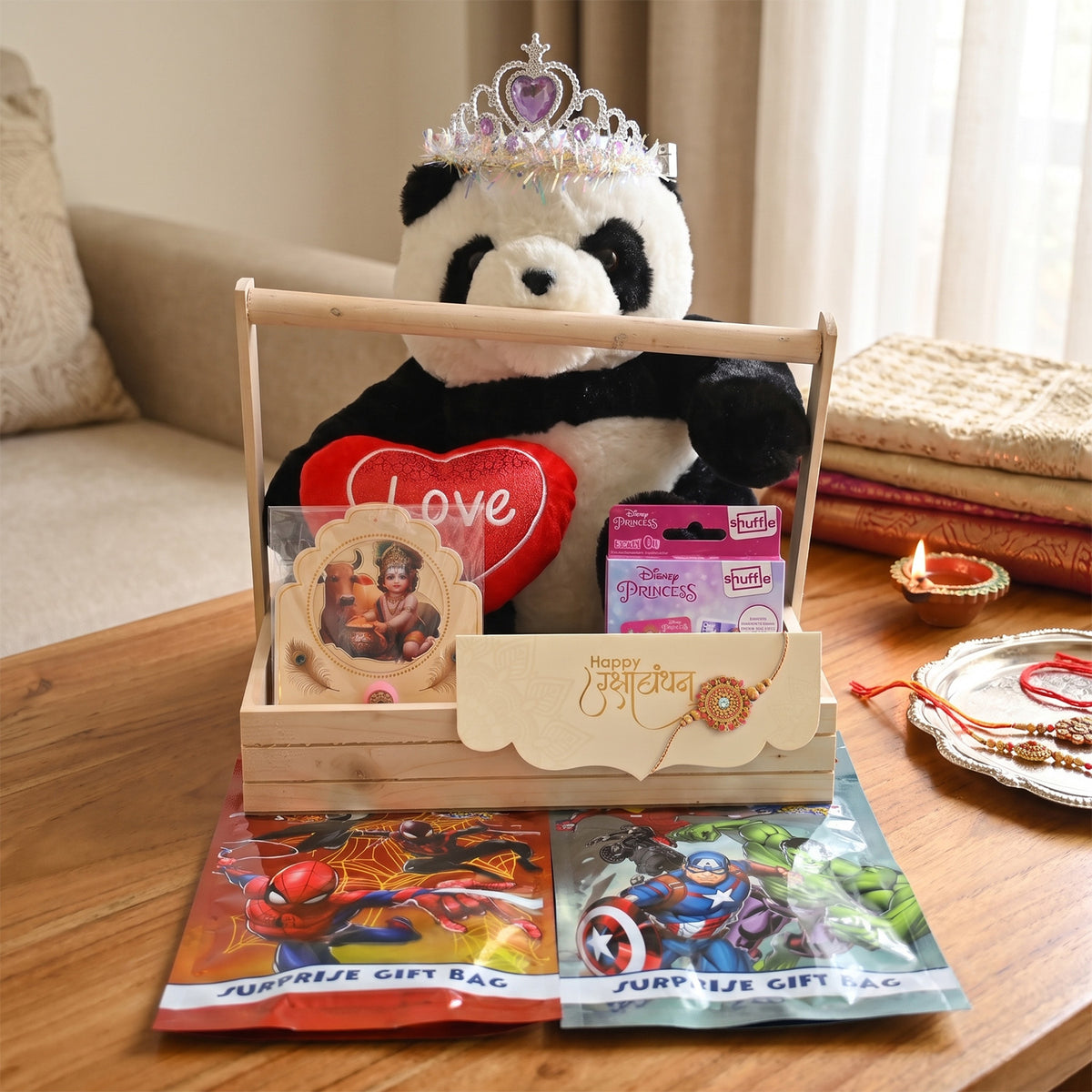 Luxurious Raksha Bandhan Gift Hamper for Sister with Panda Soft Toy, Krishna Rakhi & Surprise Goodies