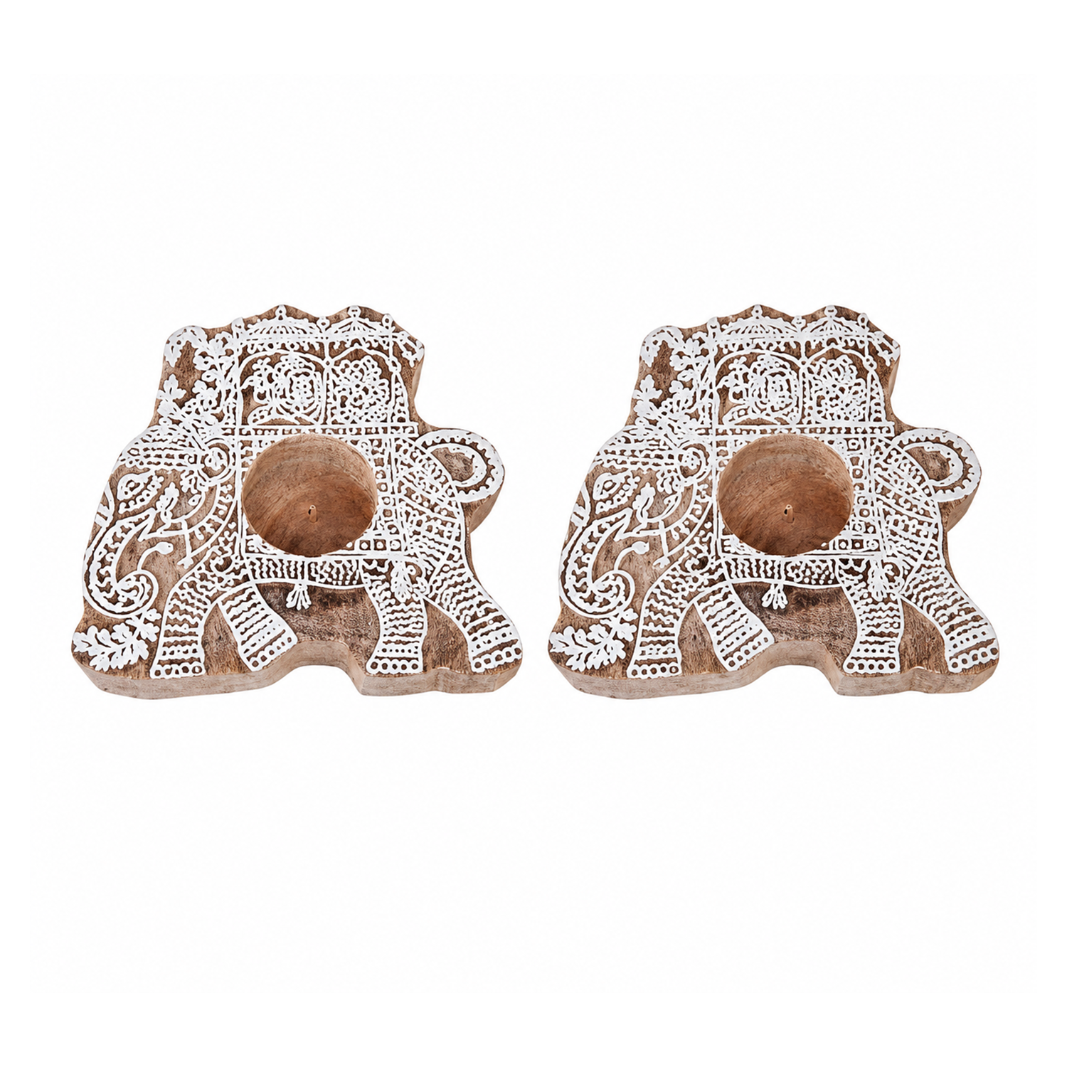Handcrafted Wooden Elephant Tealight Holder Set (Pack of 2) – Decorative Carved Wood Candle Stand for Home Decor, Table Centerpiece, and Festive Gift (Pack of 2)