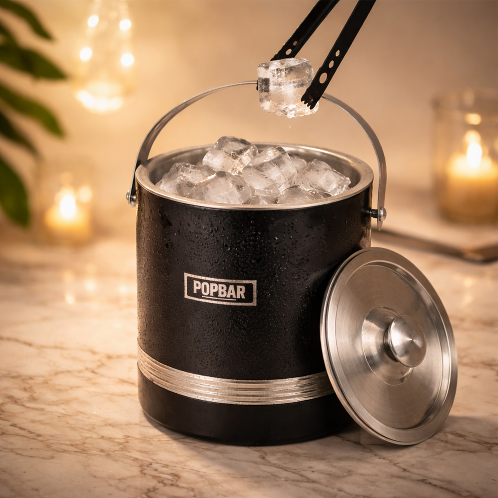 POPBAR Professional Matte Black Ice Bucket – Insulated 16.5cm Stainless Steel Pail with Airtight Lid & Tongs 3