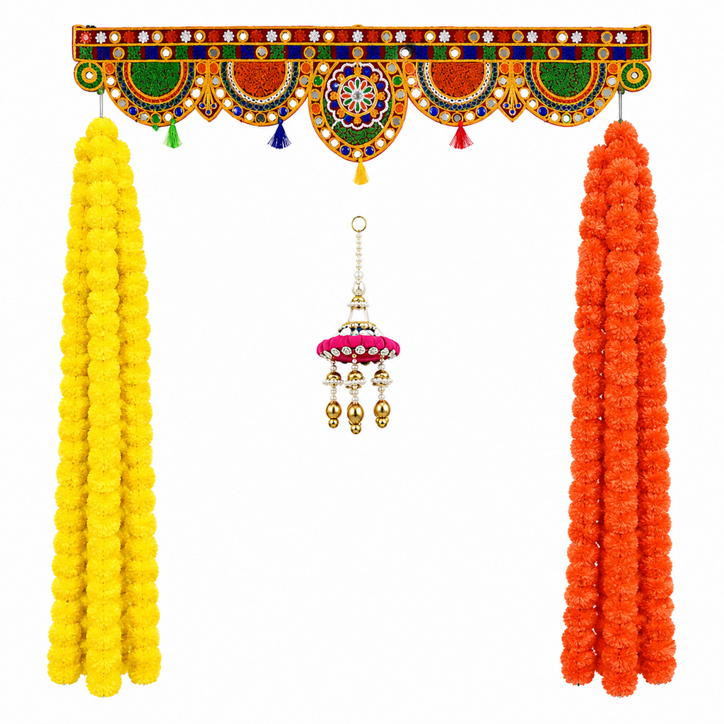 Decorative Traditional Door Toran with Artificial Marigold Hanging Strings – Festive Home Decor for Diwali, Wedding, and Mandir Entrance (Yellow & Orange)