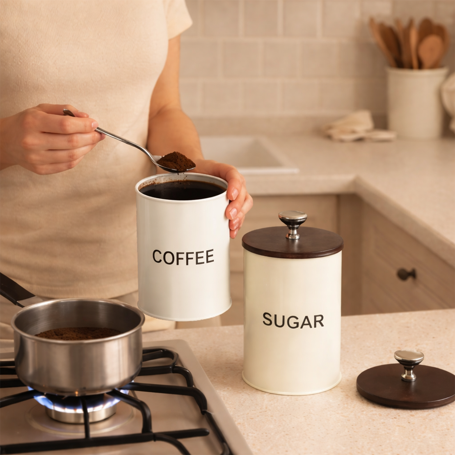 Sugar & Coffee Container Jar With Air Tight Wooden Lids (White)