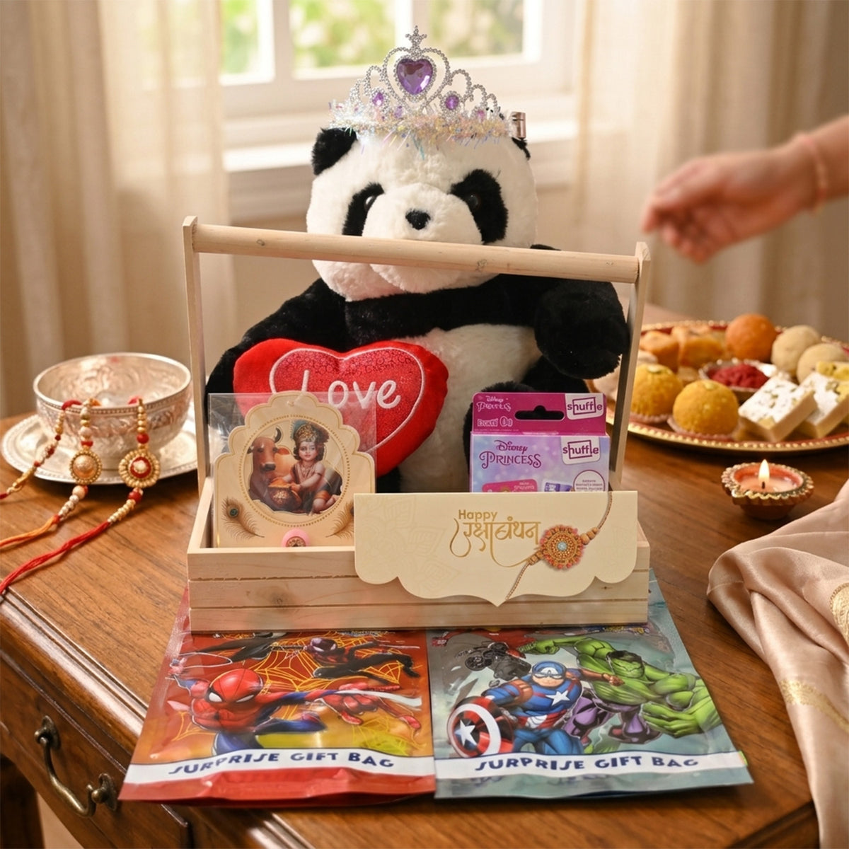 Luxurious Raksha Bandhan Gift Hamper for Sister with Panda Soft Toy, Krishna Rakhi & Surprise Goodies