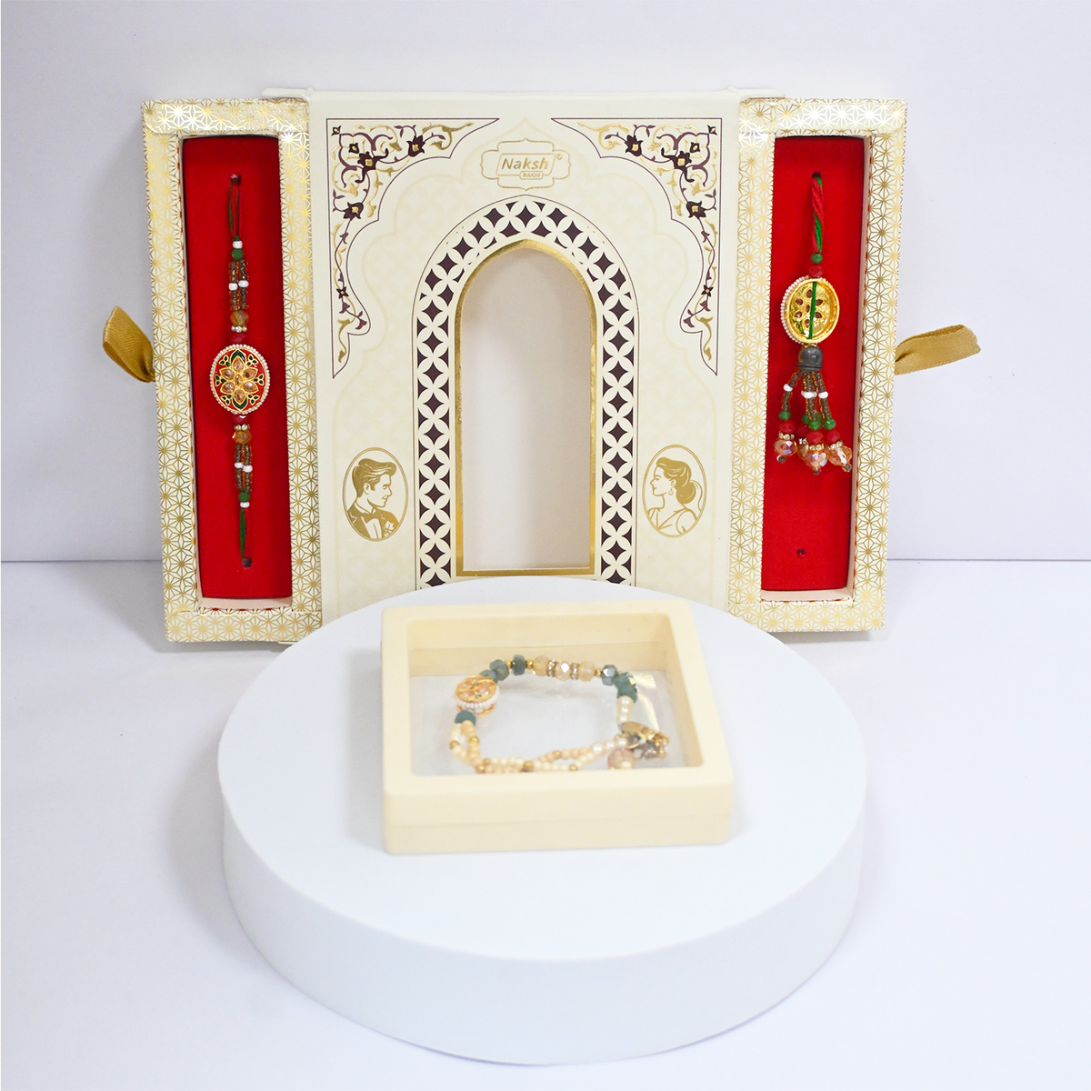 Premium Designer Rakhi Set for Brother and Bhabhi with Elegant Festive Gift Box – Handmade Luxury Pearl and Stone Beads Rakhi Combo for Raksha Bandhan
