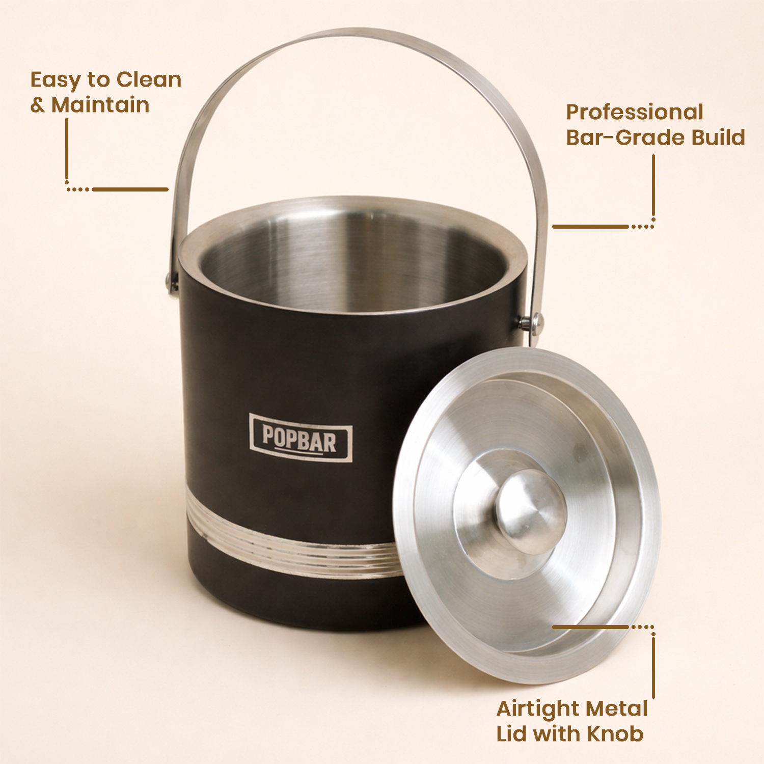POPBAR Professional Matte Black Ice Bucket – Insulated 16.5cm Stainless Steel Pail with Airtight Lid & Tongs 4