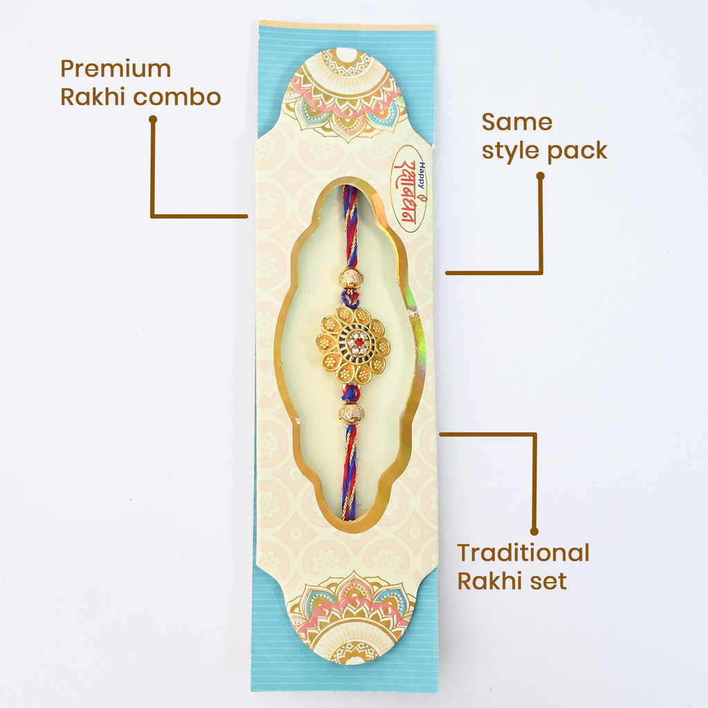 Rakhi Combo Set of 6, Traditional Gold Floral Design, Multicolour Thread, Same Style Pack, Bracelet
