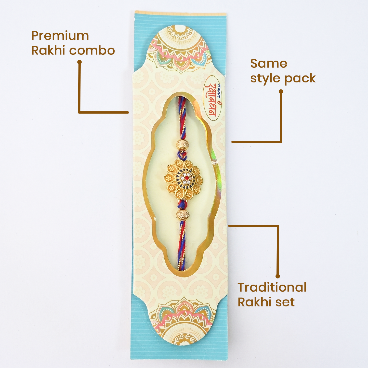Rakhi Combo Set of 6, Traditional Gold Floral Design, Multicolour Thread, Same Style Pack, Bracelet
