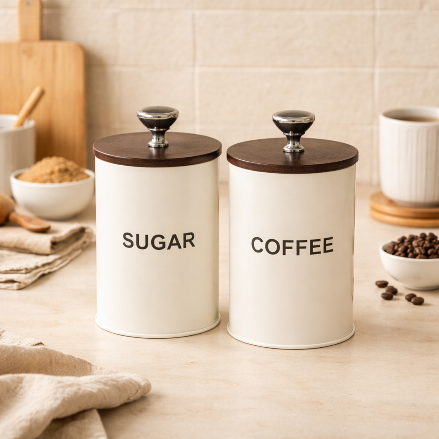 Sugar & Coffee Container Jar With Air Tight Wooden Lids (White)